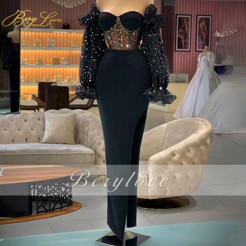 Berylove Sexy Long Sleeve Evening Dress Sweetheart High Split Lantern Sleeve Sequin Party Dress Off Shoulder Vestidos de fiesta