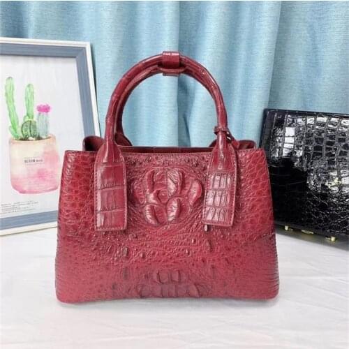 Exotic Genuine Alligator Skin Lady Top-handle Handbag Authentic Crocodile Leather Womens Burgundy Purse Female Shoulder Bag