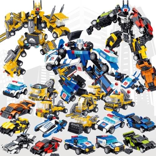 City Building Construction Vehicle Transformation Robot 6 In 1 Building Blocks City Police Station Car Bricks Kids Toys
