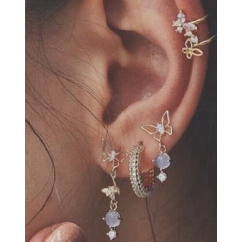 Hot Sale Opal Butterfly Earrings Girls Crystal Rhinestone Long Ear Cuff Stud Small Clip Earrings Set Jewelry For Womens