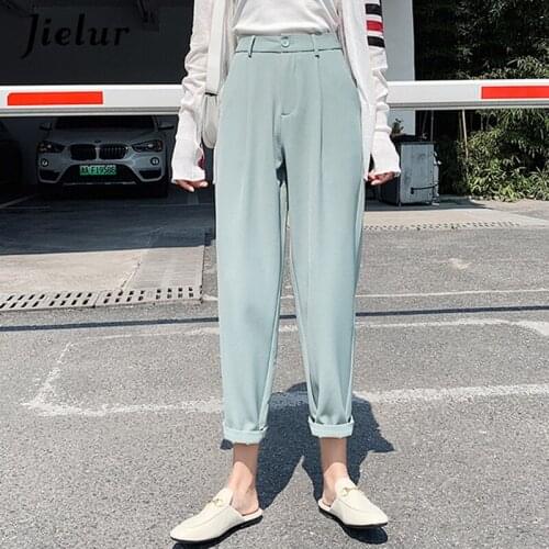Jielur Spring Suit Pants Harajuku Straight Womens Pants Pockets High Waist Loose Office Lady Fashion Trousers New 2021 Female