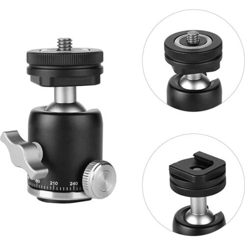 Multi-function Mini Ballhead Ball Head 360 Panorama Head + Hot Shoe Base Mount 1/4" Screw for Camera DSLR Light Video Microphone