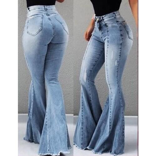 2021 New Flare Jeans Pants Women Fashion High Waist Slim Jeans Button Pants Trousers Bell-bottom Pants Plus Size