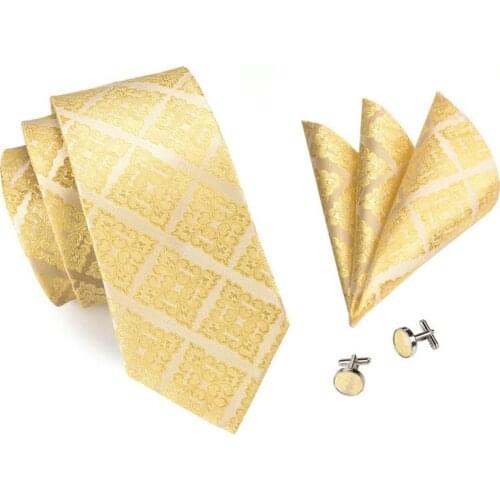 New Arrival Men Tie Yellow Gold Plaid Wedding Tie For Men Handky Cufflinks Silk Tie Set Party Business DiBanGu Designer MJ-1036