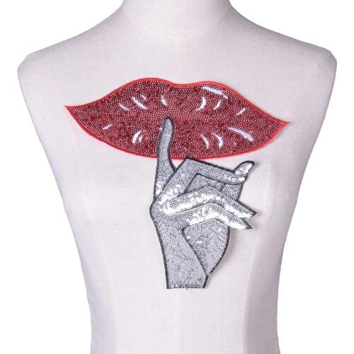 Red Lip Hand Sequined Lace Fabric Sequins Iron On T shirt Women Biker Patch Clothes Stickers