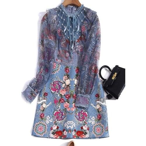 Summer 2021 A-Line Spring Runway Fashion Lace Ruffles Beading Pearls Flower Print Jacquard Mini Elegant Dress