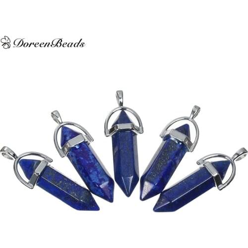 Created Lapis Lazuli Chakra Pendants Pencil dull silver color Deep Blue 4.1x1.4cm(1 5/8" x 4/8")-3.7x1.3cm(1 4/8"x 4/8")