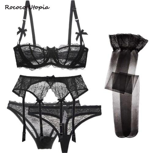 Rococo Utopia sexy lace 5 pcs bras+garters+panties+thongs+stockings underwear black/pink /white bra set