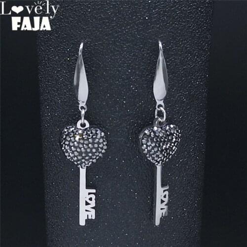 2021 Love Heart Key Stainless Steel Crystal Droop Earings for Women Silver Color Earrings Jewelry pendientes E9205S04