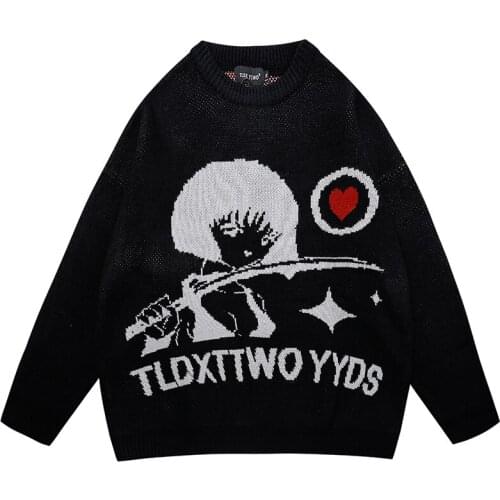 Harajuku Japanese Anime Graphic Sweater Men 2021 Autumn Oversize Sweaters for Men Hip Hop Streetwear Pullover Mens Sweater