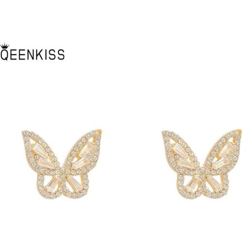 QEENKISS EG7103 Fine Jewelry Wholesale Woman Birthday Wedding Gift Butterfly AAA Zircon 925 Sterling Silver Needle Stud Earrings