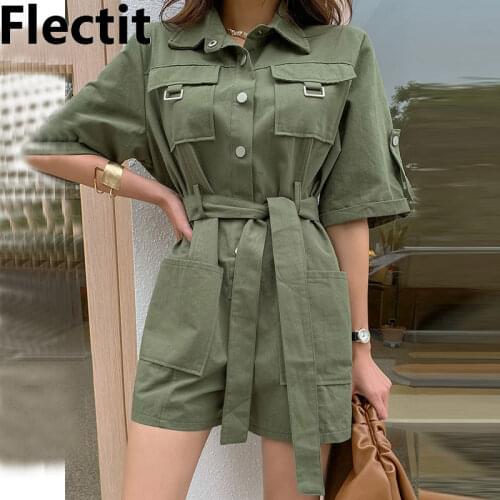 Flectit Cargo Romper Shorts For Women Army Green Lapel Collar Button Front With Pocket Belt Summer Jumpsuits Rompers Utility