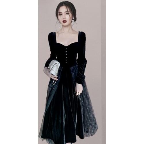 2020 New Arrive Women Autumn Elegant Velvet Mesh Patchwork Vintage Square Collar Single Breasted Office Party Chic Dress