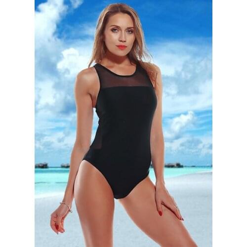 2021 Women Beautiful Sexy Solid Black Mesh Splicing Hollow One-Piece Swimsuit Swimwear