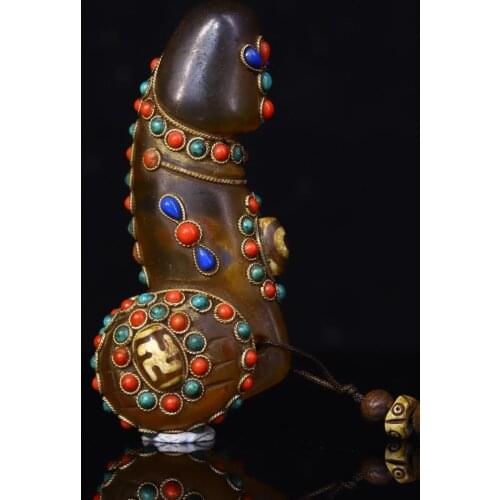 3" China Antiques Natural agate mosaic Gem Dzi Bead Chinese Zodiac Rooster Statue Golden Rooster Independent Handle Pendant
