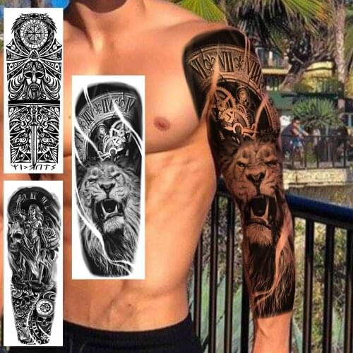 3D Compass Lion Full Arm Tattoo Sticker For Men Women Maori Totem Sister Temporary Tattoos Sleeves Waterproof Fake Large Tatoos