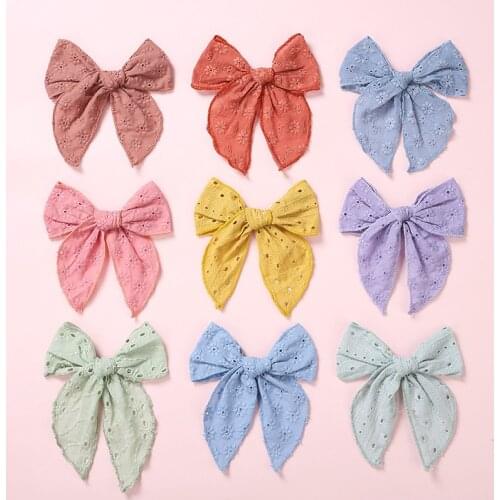 5" Girls Embroider Hair Bow With Clips Girls Hair Accessories Large Fabric Nylon Hair Tie Girls Hairpins Kids Barrettes Headwear