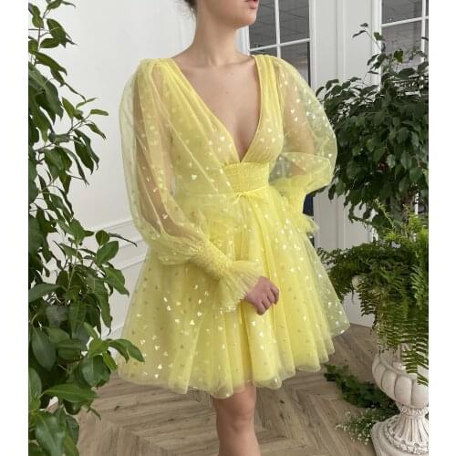 BridalAffair 2021 New Bright Yellow Tulle Hearts A Line Prom Dresses Sexy V-Neck Short Formal Party Gowns