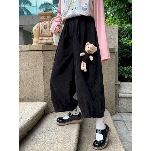 Nine-point pants female cute bear wide-leg pants autumn college style Japanese soft girl loose wild elastic straight nine-point