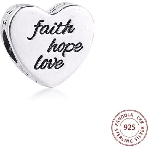 CKK Fits Pandora Bracelet 925 Sterling Silver Faith Hope Love Heart Charm Beads for Jewelry Making Women Accessories Bijoux