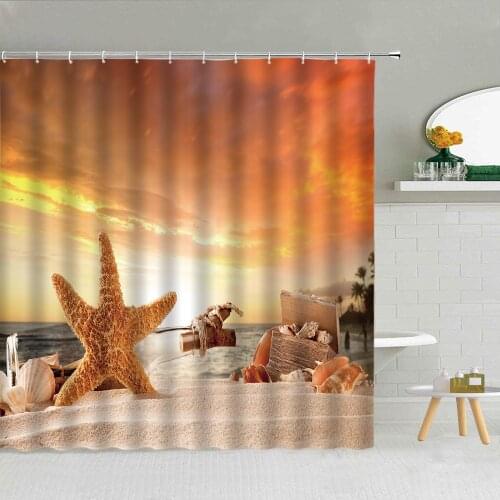 Wooden Board Sandy Beach Starfish Shell Lighthouse Shower Curtain Polyester Fabric High Quality With Hooks Bath Screen Decor
