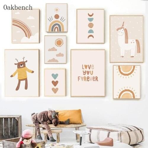 Unicorn Art Painting Cloud Rainbow Canvas Print Heart Wall Poster Bear Paintings Nordic Nursery Wall Pictures Kids Room Decor