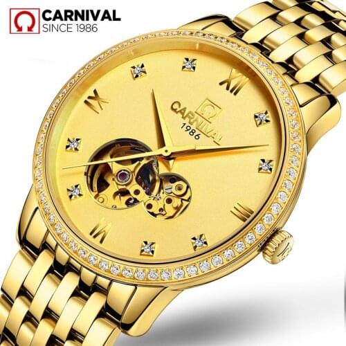 Carnival Watch Men Skeleton Automatic Mechanical Watch Gold Diamond Skeleton Sapphire Man Watch Mens Watches Top Brand Luxury