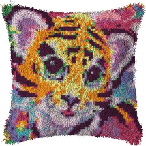 Latch Hook Tiger Cushion Pillow Case Canvas Acrylic Yarn Latched Hook Pillow Kits Crochet Cushion Cover