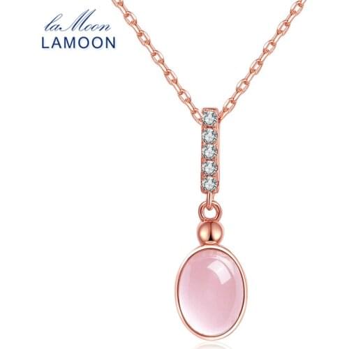 LAMOON- 6x8mm 100% Natural Gemstone Oval Egg Rose Quartz Chain Necklace 925 Sterling Silver Jewelry LMNI009