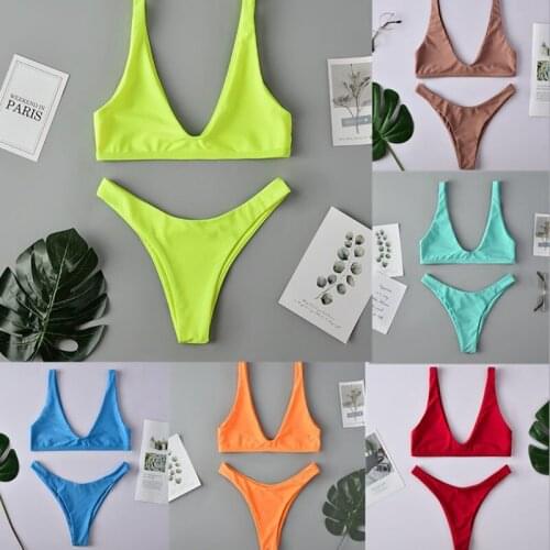 Summer Beach New Sexy Biquini Suit 2021 Brazilian Swimsuit Solid Swimsuits High Waist V Neck Two Piece Swim Swimwear Bikini Set