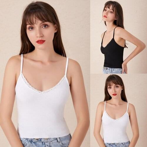 Summer Women V-neck Lightweight Ribbed Cotton Camis Top With Spaghetti Straps And Lace Trimming
