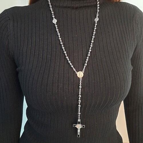 Fashion Christian Cross Pendant Necklace Rosary Belief Black Beads Beaded Sweater Chain Jewelry Accessories Ladies Gift