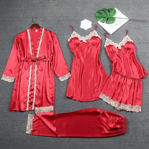 Women Spaghetti Strap Nightdress Sexy Kimono Bathrobe Gown Autumn New Satin Sleepwear 5PCS Sleep Set Silky Nightgown Homewear