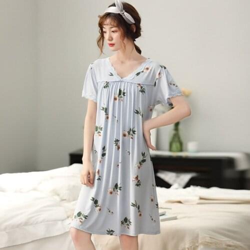 New Fashion Modal Cotton Nightdress With Lace Dressing Gown Womens Sleepwear V-neck Nightgown Large Size M-XXXL Spring Summer