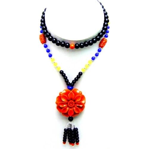 Qingmos Fashion Red Coral 40mm Flower Pendant Necklace for Women Tridacna White Shell Giant Clam Long Necklace 26" Sweater