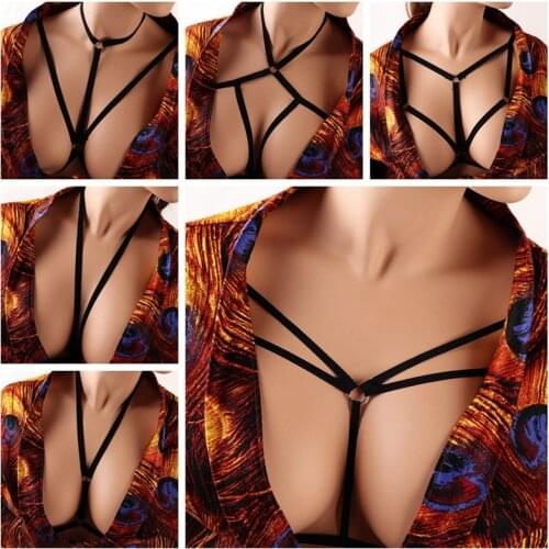 Cheapest Black Bondage Harness Bra Bright Pink Chest Lingerie Crop Pastel Goth Punk Body Caged Sexy Plus Size Women Rave Party