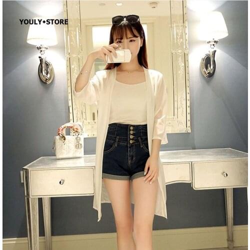 Half sleeve Chiffon Sunscreen Open Stitch blouse Shirts 2020 Summer Womens Solid transparent long Air Conditioning Female tops