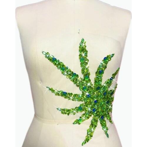 GORGEOUS Handmade 22x31cm Green Patches Sew On Beaded Crystal Green Sequins Rhinestones Diy Applique for Dress Waist Decoration