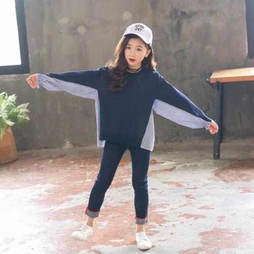 Spring Teenage Girls Clothes navy Girls Tops and t-shirt long sleeved Stripes Patched Kids Girls Blouse