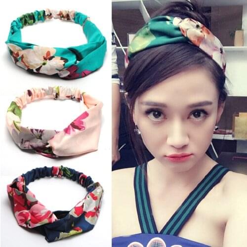 Women Retro Headband Cross Knot Elastic Hair Bands Bohemian Flower Pattern Headwear Girls Hairband Head Wrap Hair Accessories
