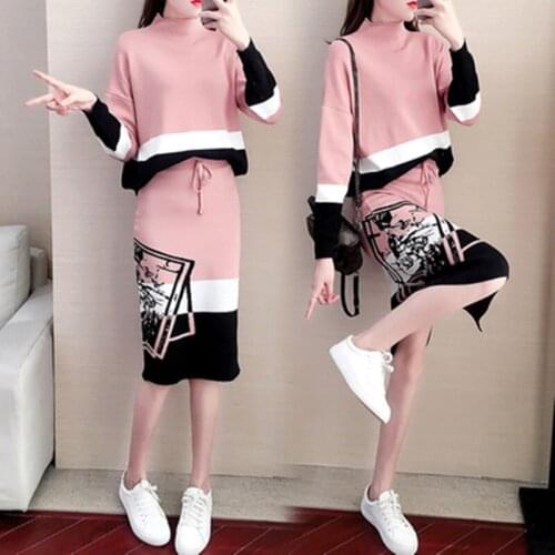 Women Sets 2020 Autumn Knit Sweater Pullovers+ Skirt Set 2 Pieces Causal Suits Ladies Irregular Striped Knitted Suit