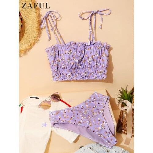 ZAFUL Ditsy Floral Tankini Bikini Set Women Tie Shoulder Swimsuit Sexy Female Print Swimwear Bathing Suit Brazilian Biquini 2021