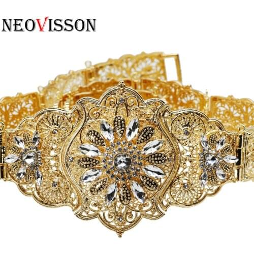 NEOVISSON Caucasus Waist-Belt for Women Russia Ethnic Wedding Body Jewelry Hollow Metal Crystal Waist Chain Big Size Gold Color