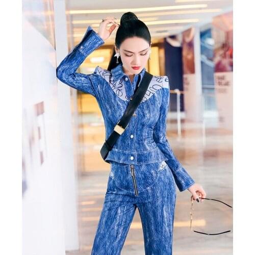 2pcs Tweed Women Elegant Denim Print Suit Set Lady Office Wear Outfit Coat + Wide Leg Pants Jeans