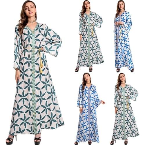 Ramadan Muslim Women Printed Long Dress Kaftan Dubai Arabic Abaya Islamic Clothing V-neck Caftan Middle East Turkey Maxi Robe