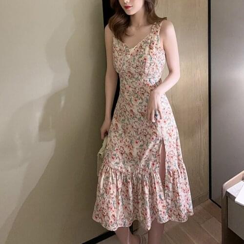 Women Summer Dress Sleeveless Floral Splits Dress V-Neck Fairy Suspender Dress New Ruffle Leaf Design for 2021 New TT@88