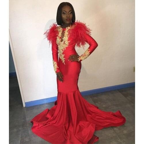 Beautifulinwhite Red Mermaid Prom Dresses 2019 Plus Size Appliques Feathers African Black Girls Formal Evening Gala Gowns BP0428