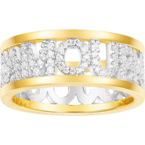 SOELLE Brand 925 Sterling Silver Yellow Gold Color Initial Letters AMOUR TOUJOURS Finger Ring Zircon Stones Women Fine Jewelry