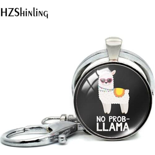 2019 New Alpaca NO PROB LLAMA Keyring Glass Cabochon Keyrings Funny Alpaca Keychain Round Photo Jewelry