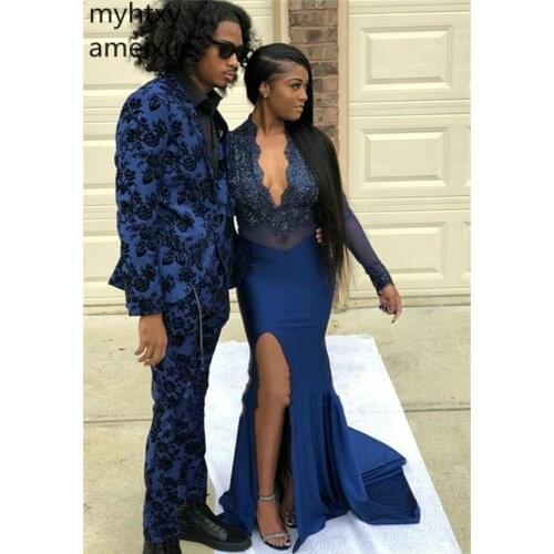 2020 African Mermaid Sapphire Blue Prom Dresses Black Girls Long Sleeves Wear Evening Party Gowns Custom Made Plus Size Prom